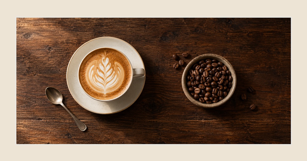 Top-down coffee cup, spoon, and bowl of coffee beans on a wooden table with a light border.
