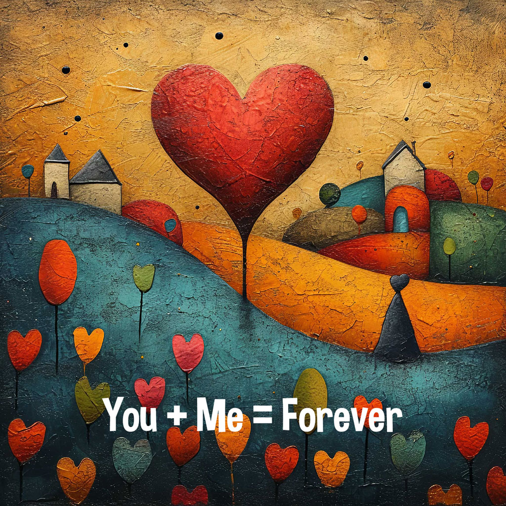 A large red heart in a landscape with houses and smaller hearts