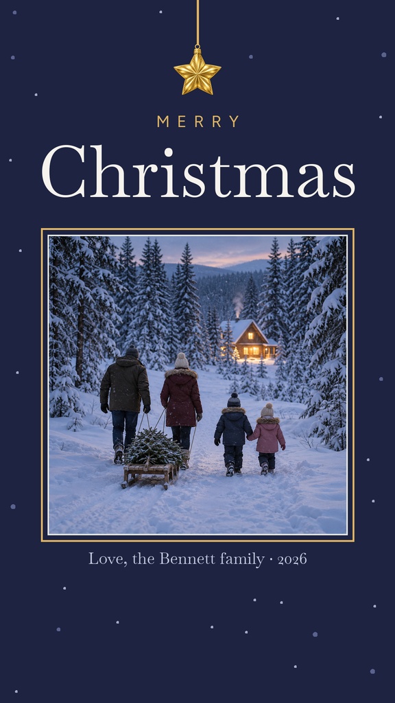 Dark blue Christmas story card with a snowy family walk toward a lit cabin and Merry Christmas text