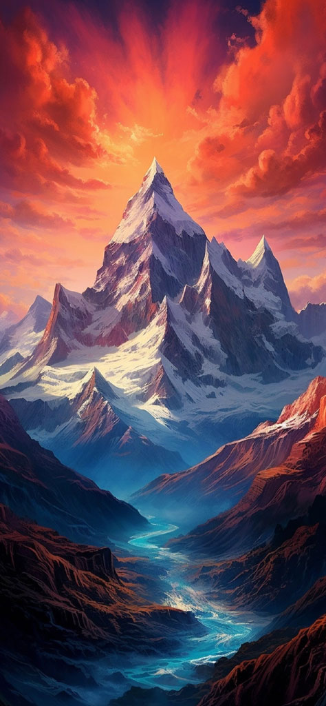 A digital painting of a mountain range with a prominent peak and a river flowing through the valley.
