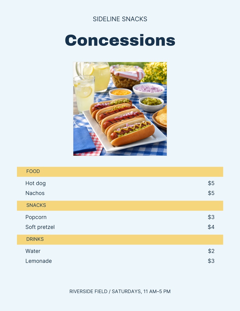 Preview for Sideline Snacks Letter Menu / Price List Template