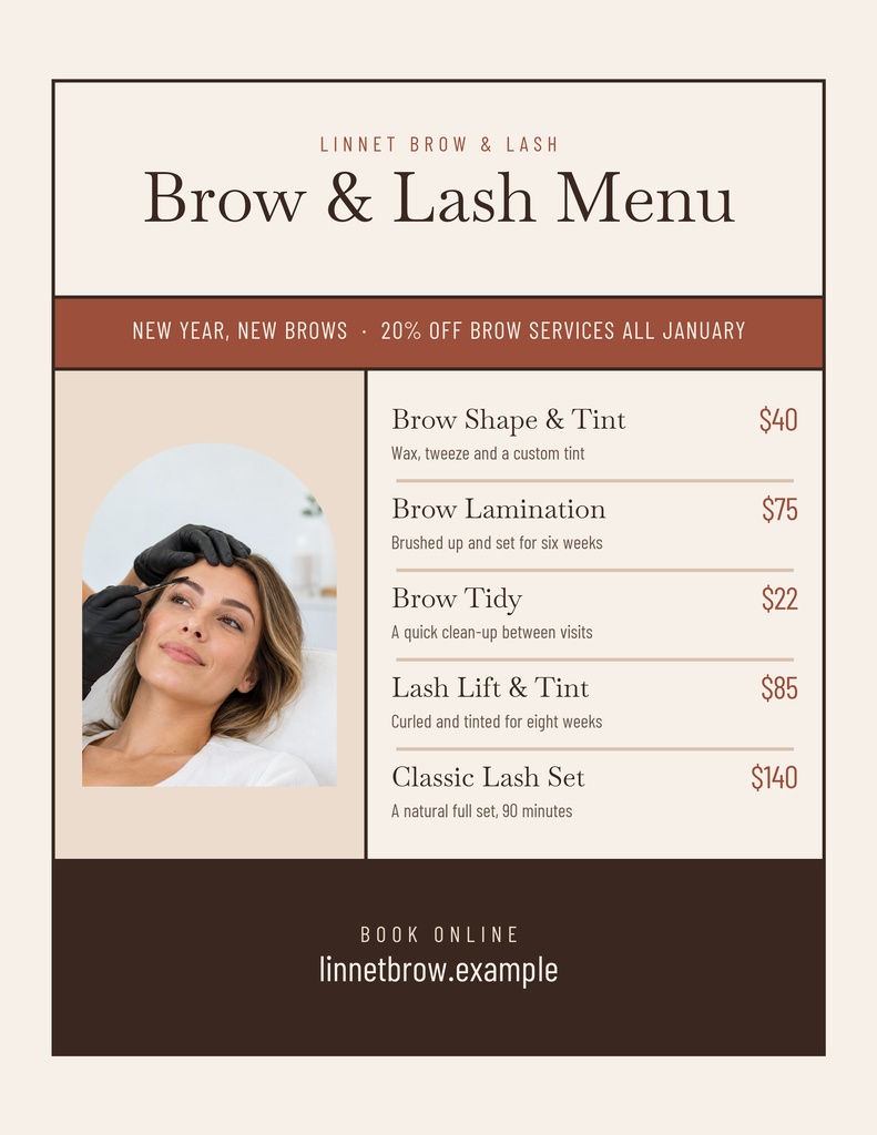 Portrait brow and lash menu template with service prices, photo, and New Year promotion banner.