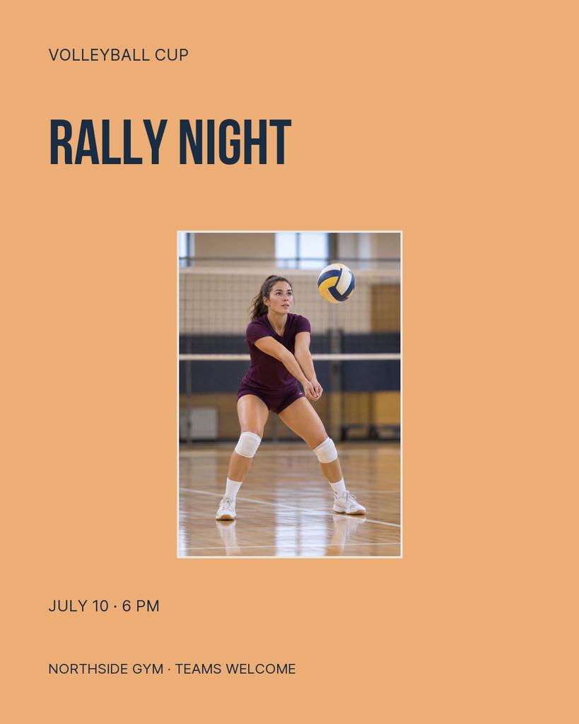 Orange volleyball match poster with a player passing the ball and bold Rally Night text.