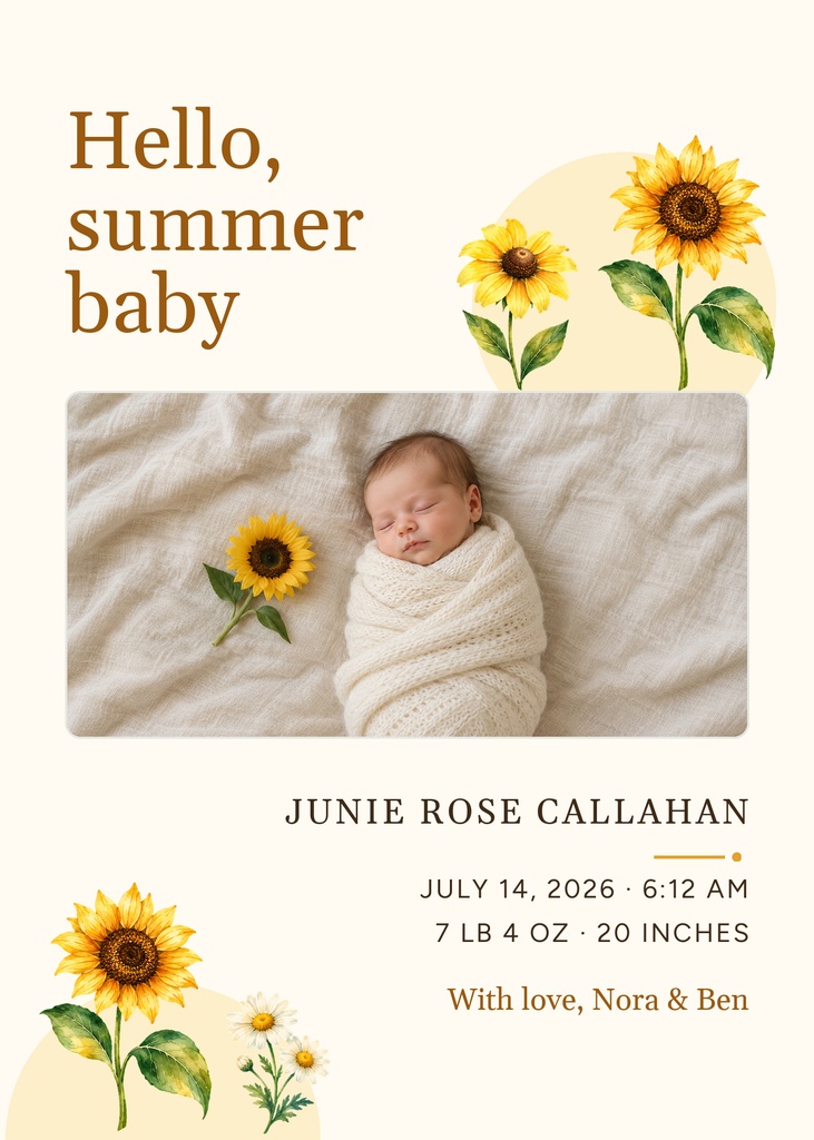 Preview for Hello, Summer Baby 5 × 7 Birth Announcement Template