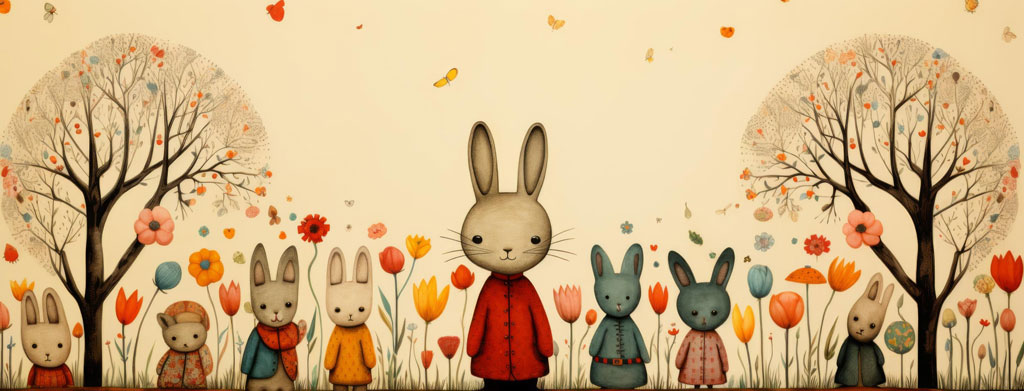 Illustration of rabbits in a field of colorful flowers and bare trees