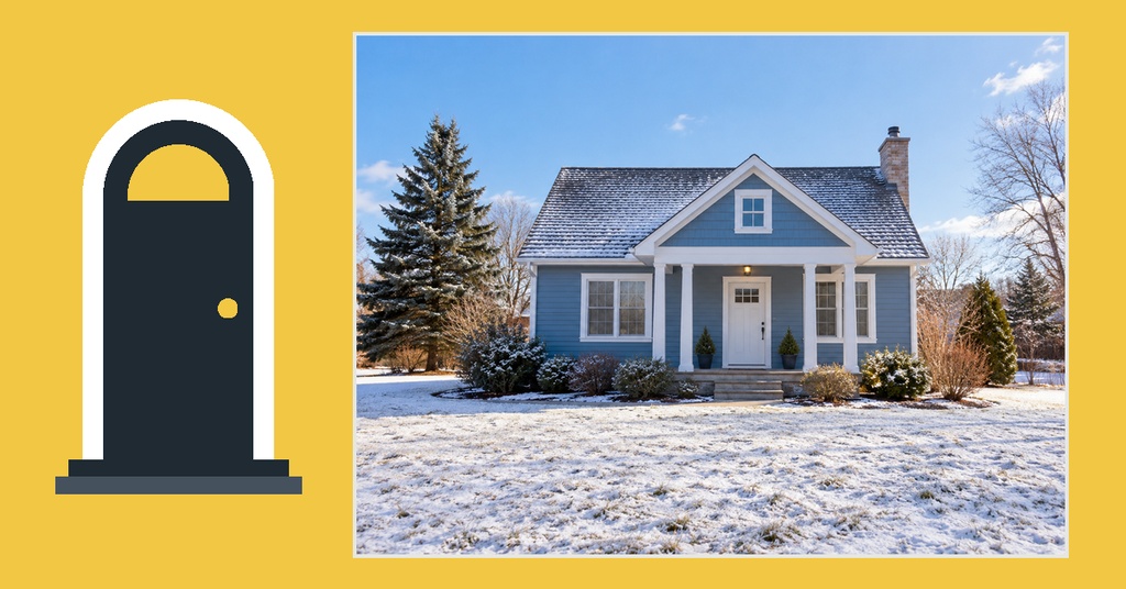 Yellow Facebook cover design with a house icon beside a snowy blue home photo.