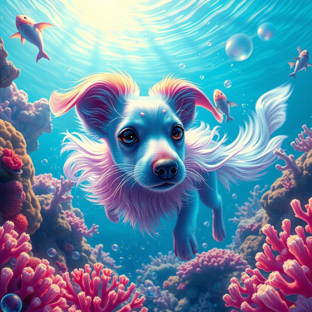 Mermaid with pink hair in an underwater scene
