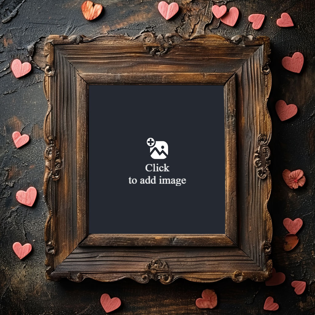 Ornate wooden frame with pink hearts around it on a dark surface