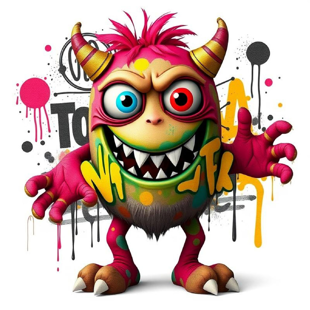 A cartoon monster with pink and green fur, large eyes, and sharp teeth, standing in front of a white background with paint splatters.