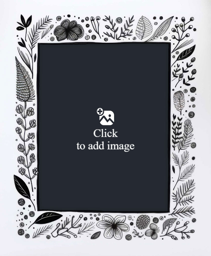 A black and white floral frame with a blank center