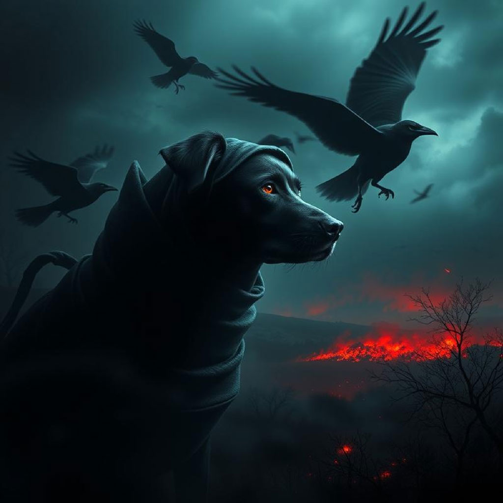 Silhouetted figures in hooded cloaks with crows flying around them under a red moon.