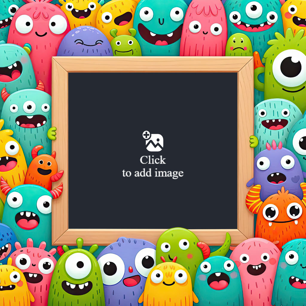 Cartoon monsters of various colors and expressions surrounding a wooden-framed blackboard