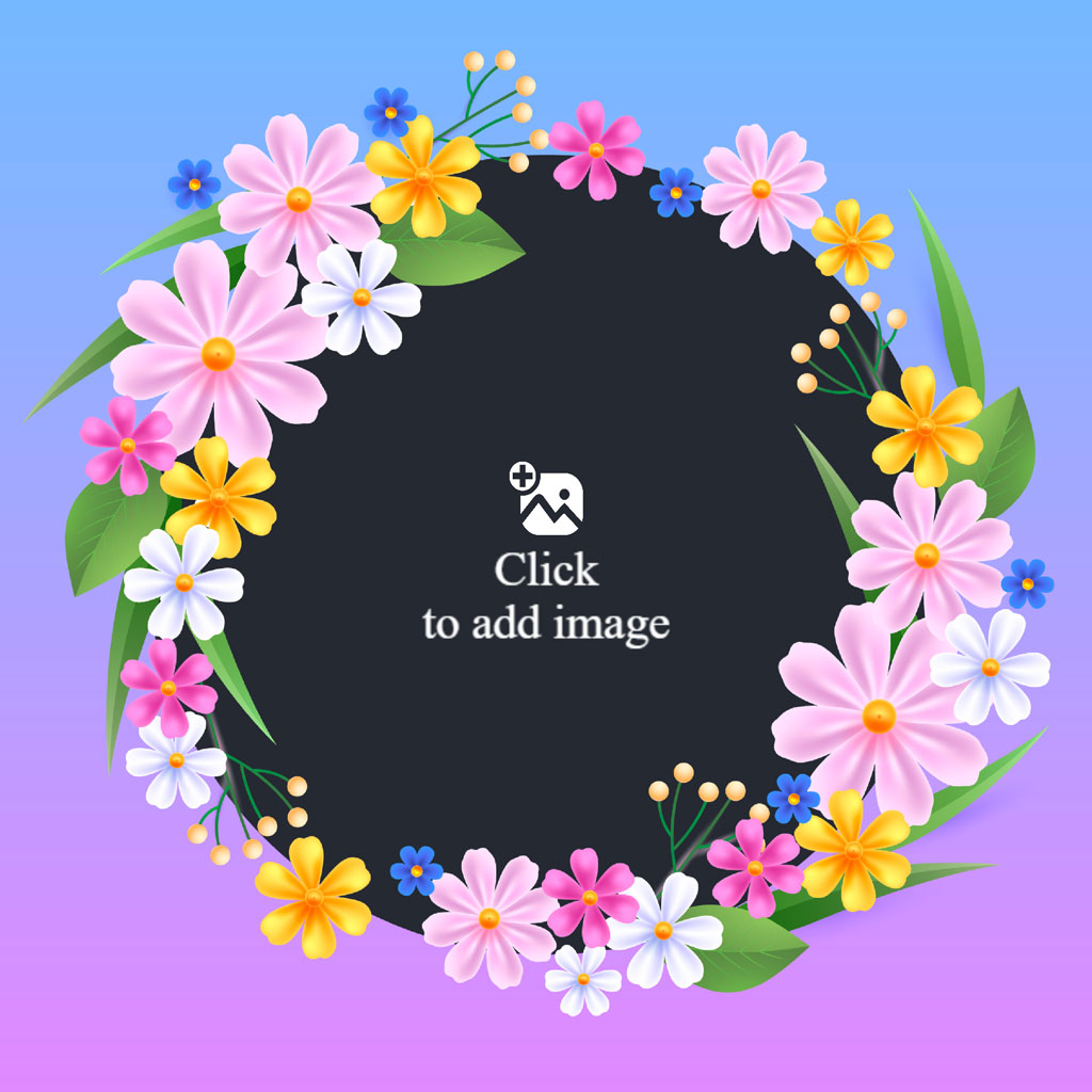 A circular floral arrangement with pink, yellow, white, and blue flowers.