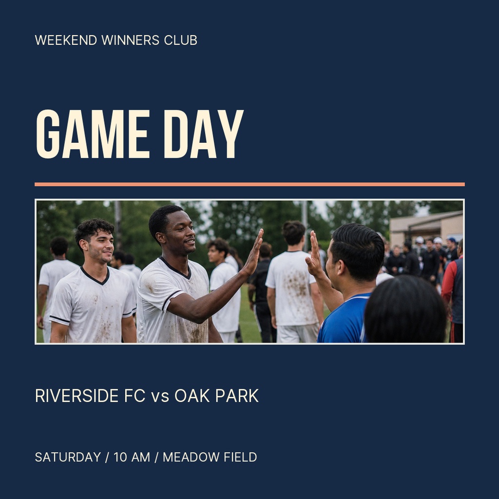 Square soccer game day template with a team photo, match title, and event details on a dark blue background.