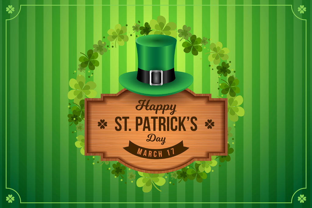 St. Patrick's Day graphic with hat and shamrocks