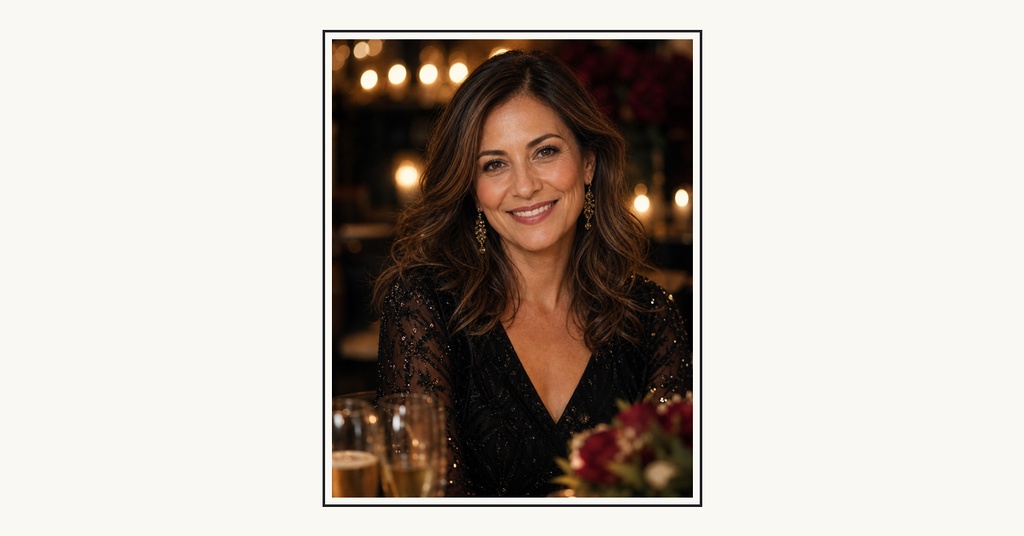 Smiling woman in a black dress posed in a framed portrait with warm lights behind her.