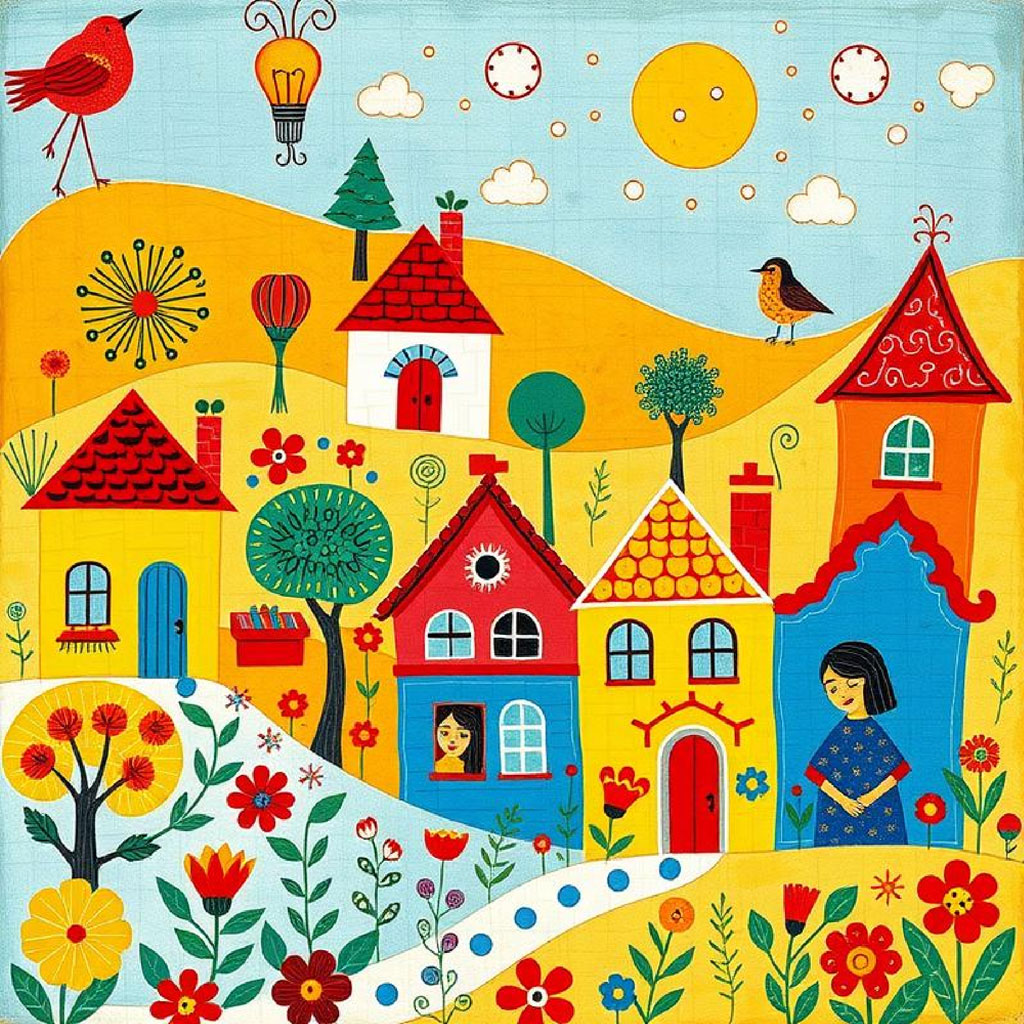 Illustration of a vibrant village with houses, flowers, and birds.