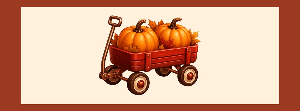A vintage red wagon filled with pumpkins on a cream background with a brown border.