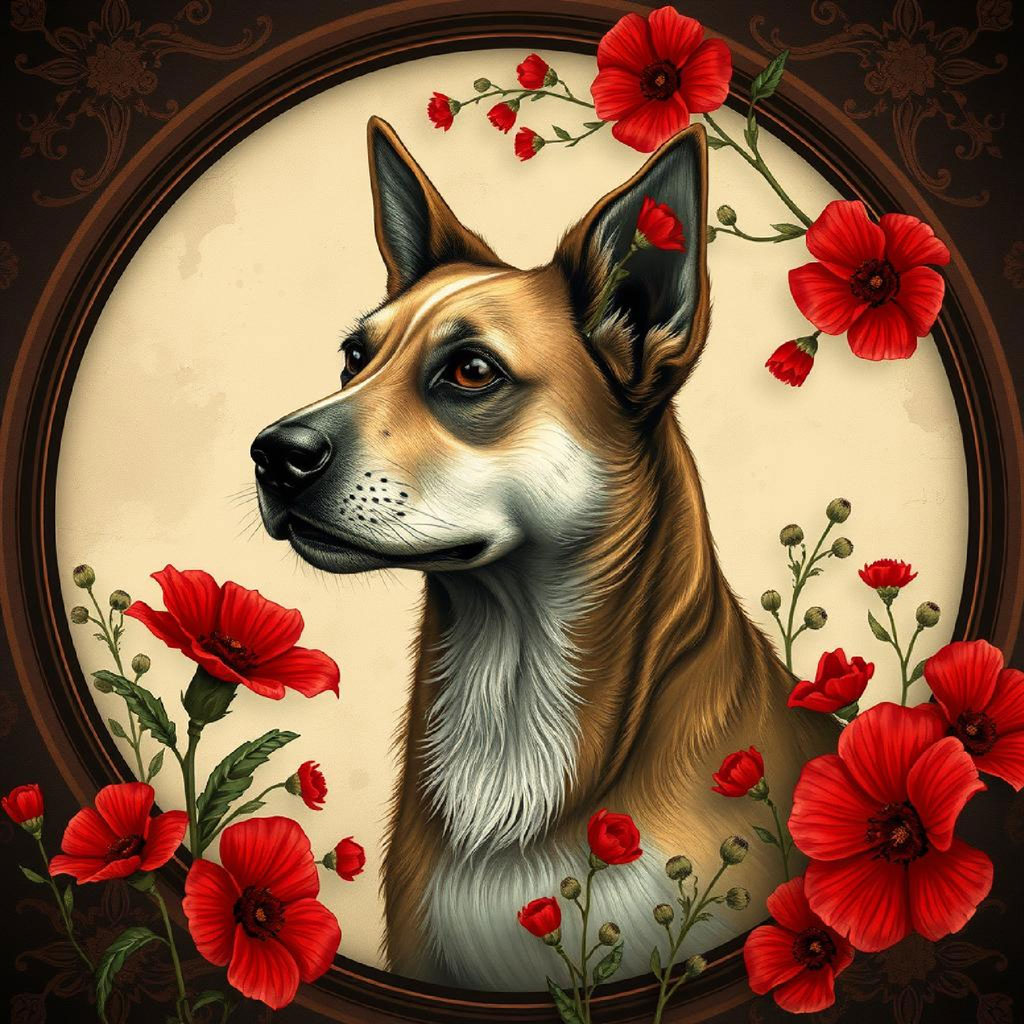 A woman in a green dress surrounded by red poppies