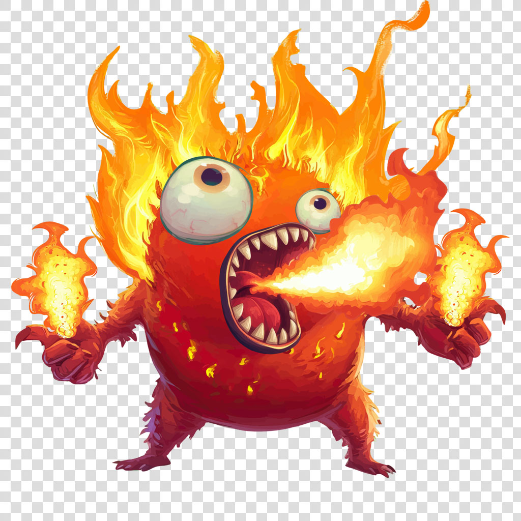 A cartoon monster engulfed in flames with sharp teeth and large eyes.