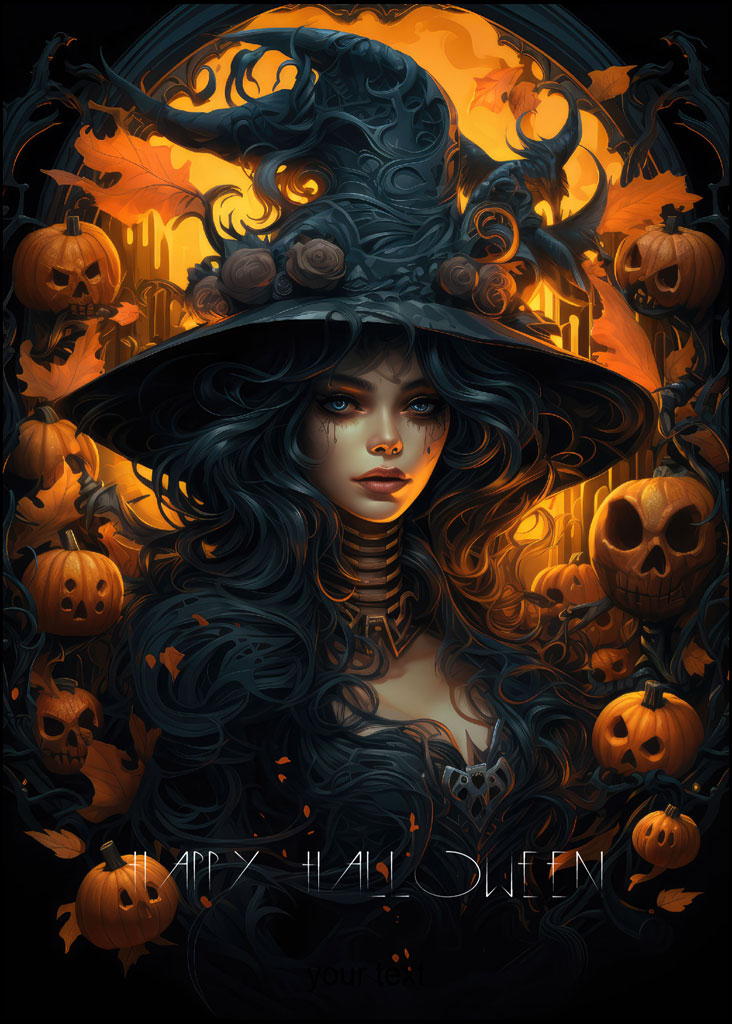 A witch with long hair and a hat surrounded by Halloween decorations