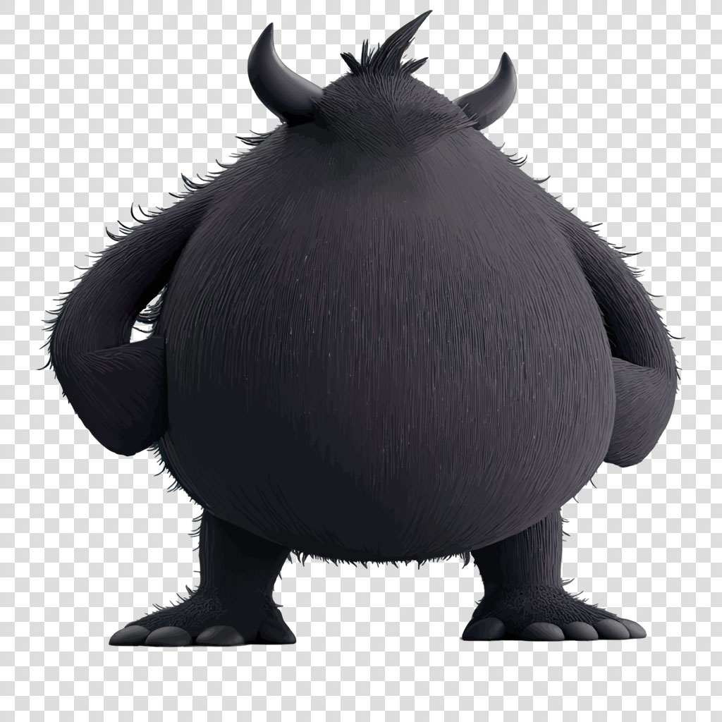 A black, furry creature with horns and a round body stands against a white background.