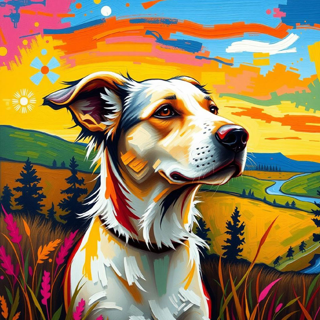 Abstract landscape painting with rolling hills and mountains