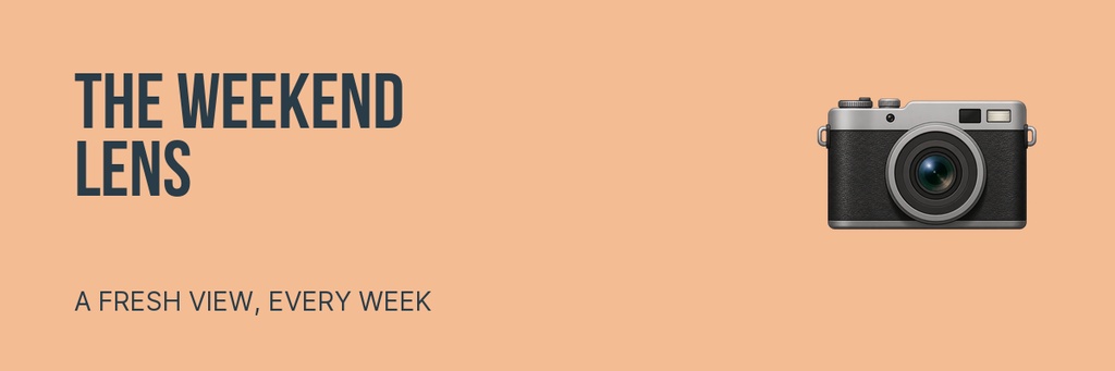 Peach email header with bold Weekend Lens text, camera icon, and a short tagline.
