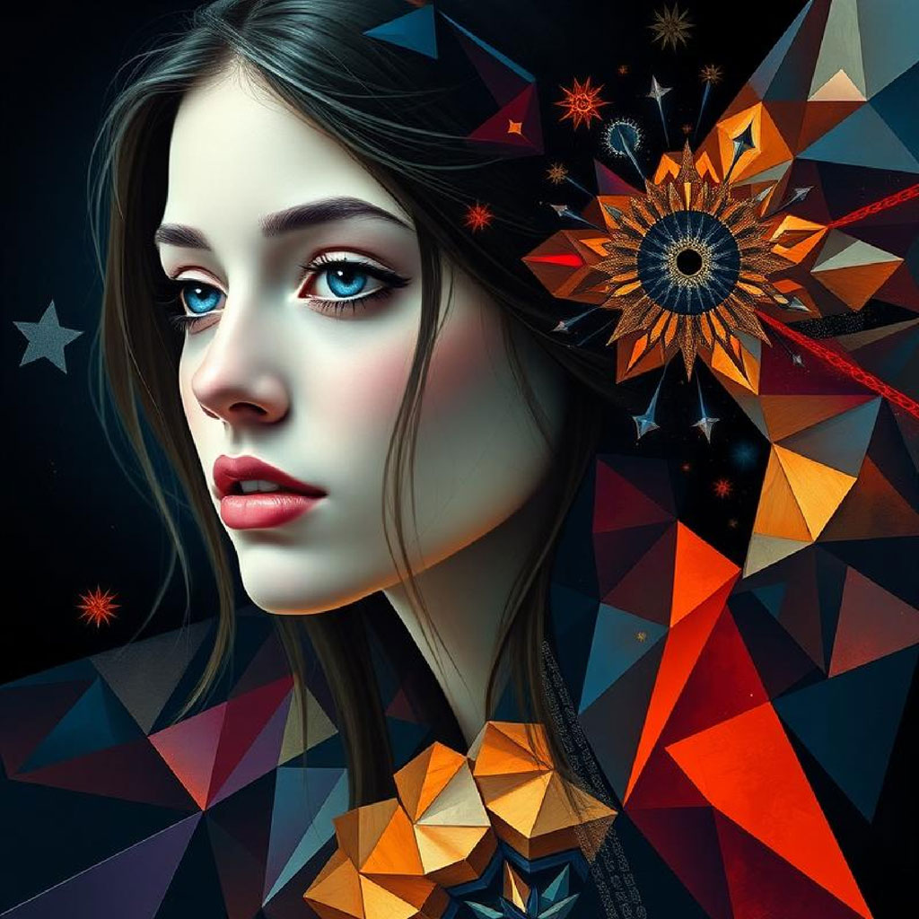 Digital art portrait of a woman with blue eyes and dark hair surrounded by colorful geometric shapes