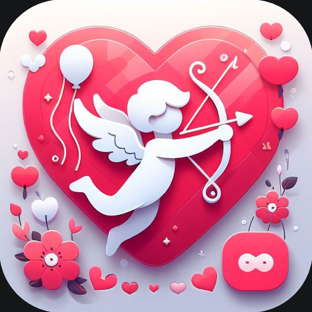 3D illustration of Cupid with bow and arrow on a heart-shaped background surrounded by hearts and flowers