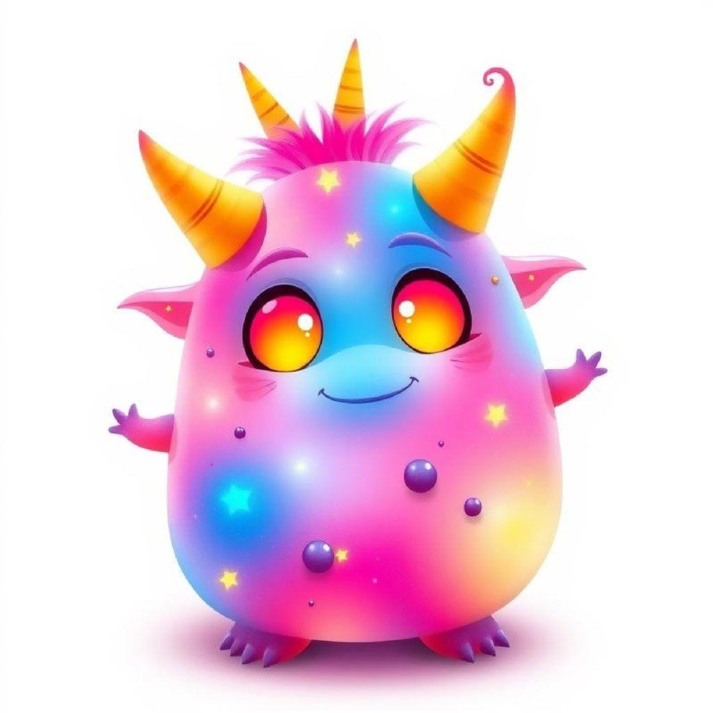 A smiling, round cartoon monster with pink, blue, and yellow hues, golden horns, and large, gradient eyes.