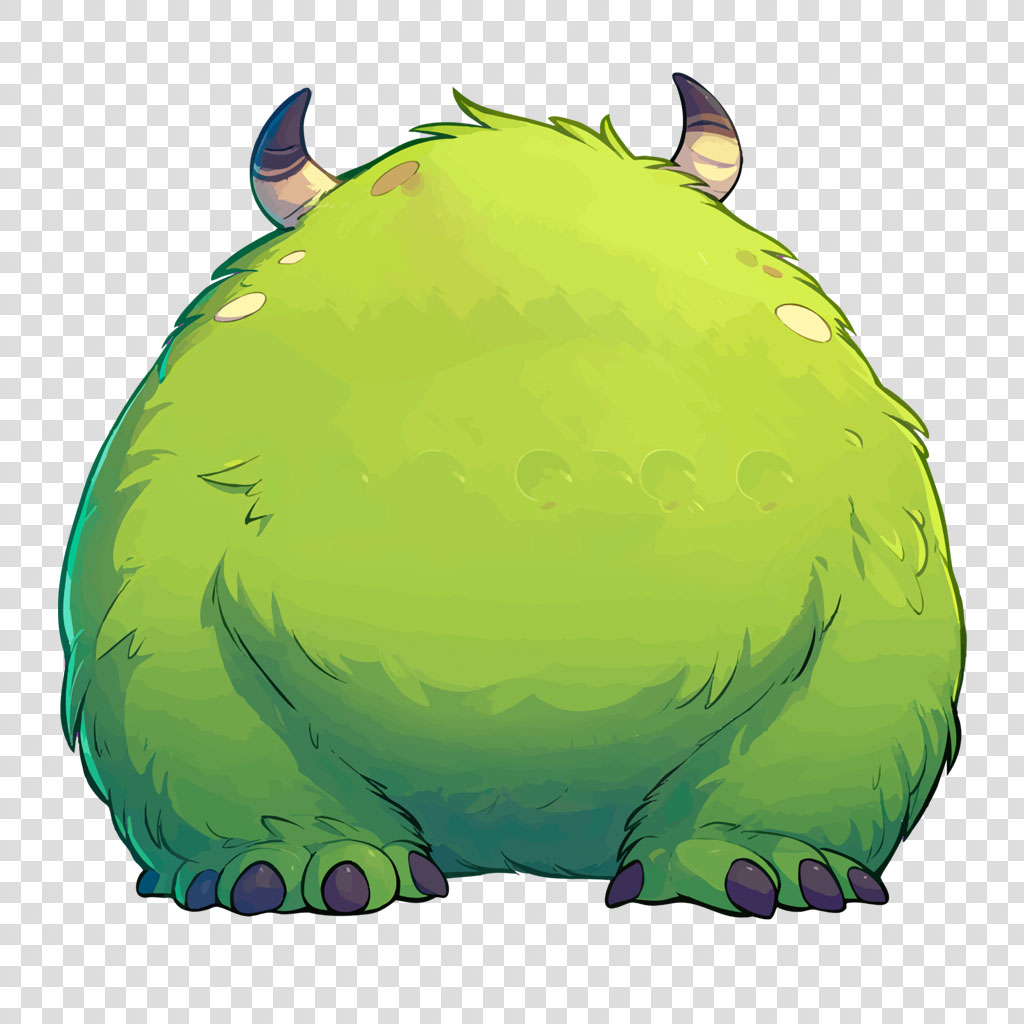 A cartoon illustration of a green monster with two horns and large feet.