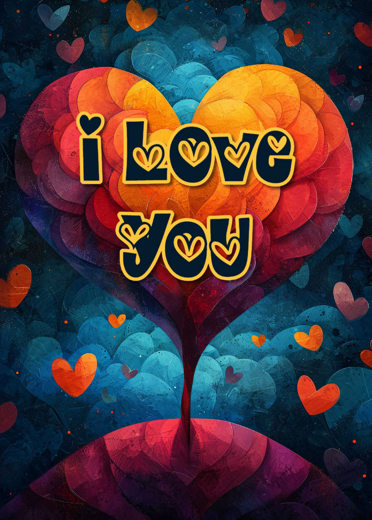 A colorful heart-shaped graphic with 'i love you' text surrounded by smaller hearts.