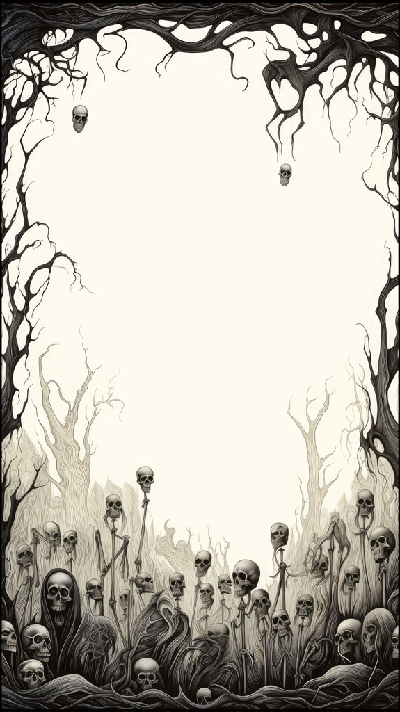Illustration of skeletons in a barren landscape with twisted trees.