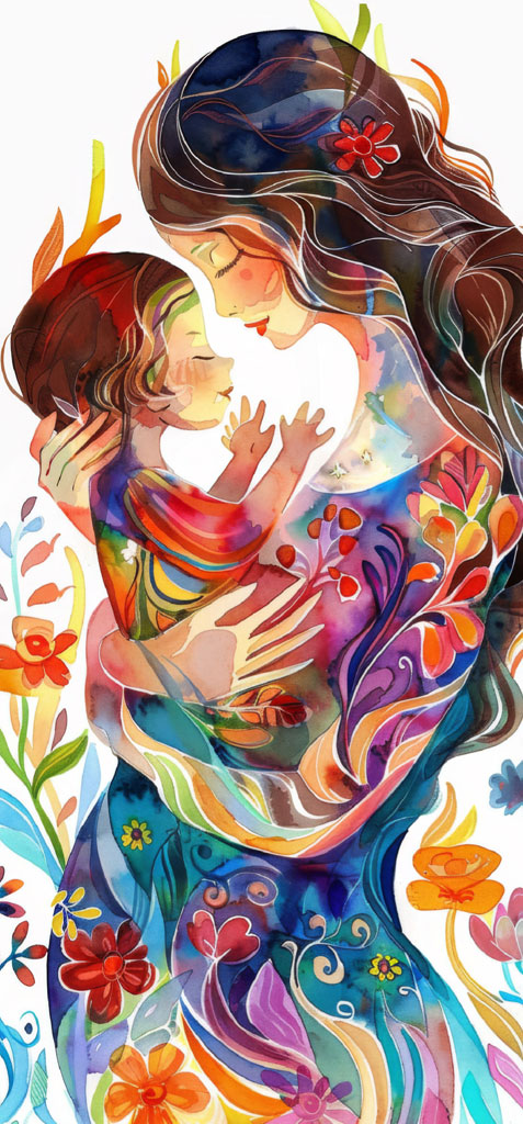 Colorful illustration of a mother holding her child with floral designs.
