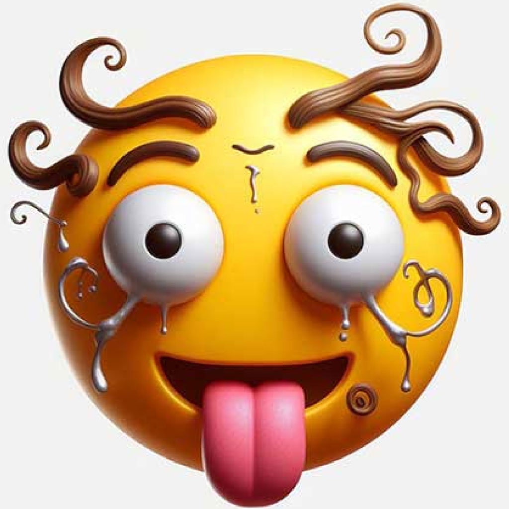 A yellow cartoon face with brown swirly hair and a tongue sticking out