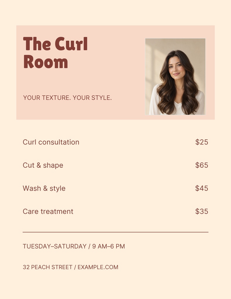 Preview for The Curl Room Letter Menu / Price List Template