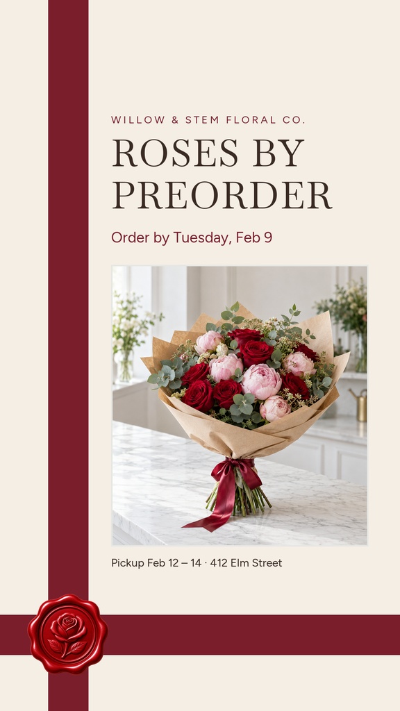 Instagram story template with rose bouquet photo, maroon borders, and preorder sale text.