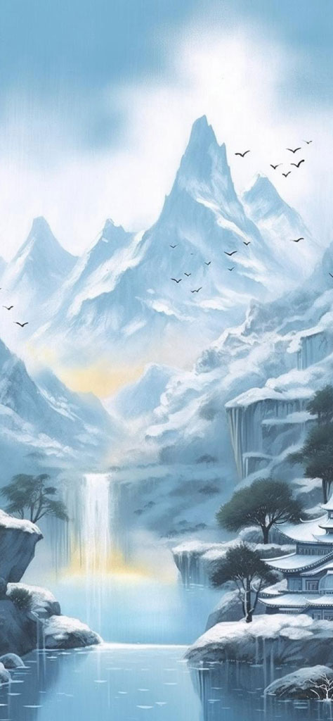 A serene digital painting of a snowy mountain range with a lake, waterfall, and traditional Asian-style buildings.