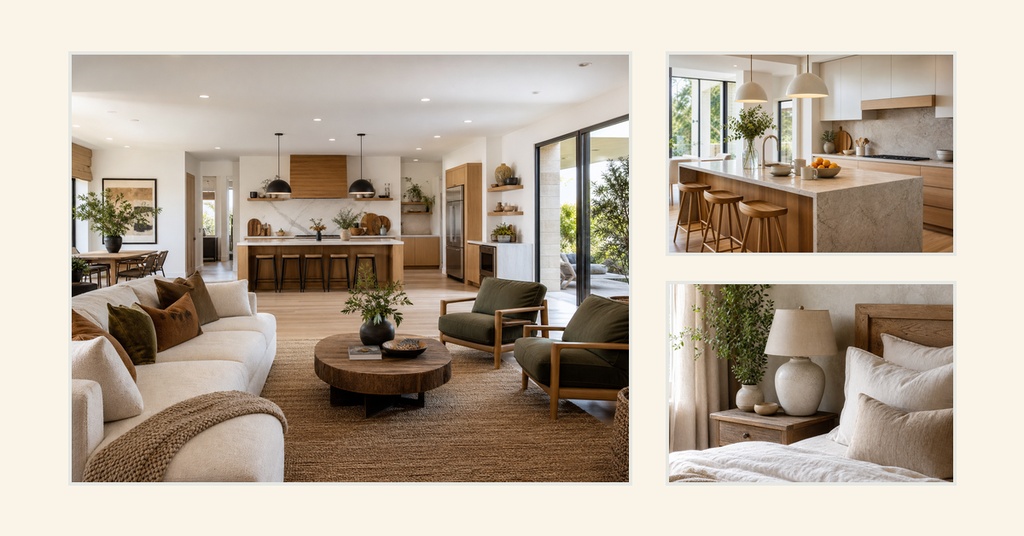 Real estate event cover template with a bright sunroom, kitchen, and bedroom interior collage