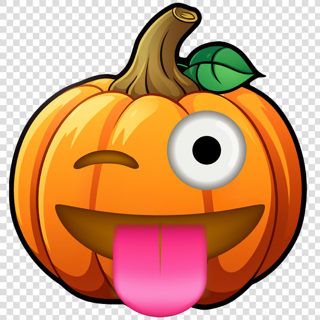 A winking cartoon pumpkin with its tongue out