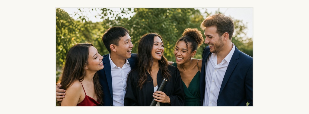 Five friends in formal attire standing outdoors and smiling together.