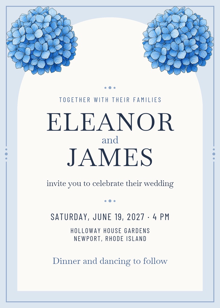 Preview for Blue Hydrangea Wedding 5 × 7 Invitation Template