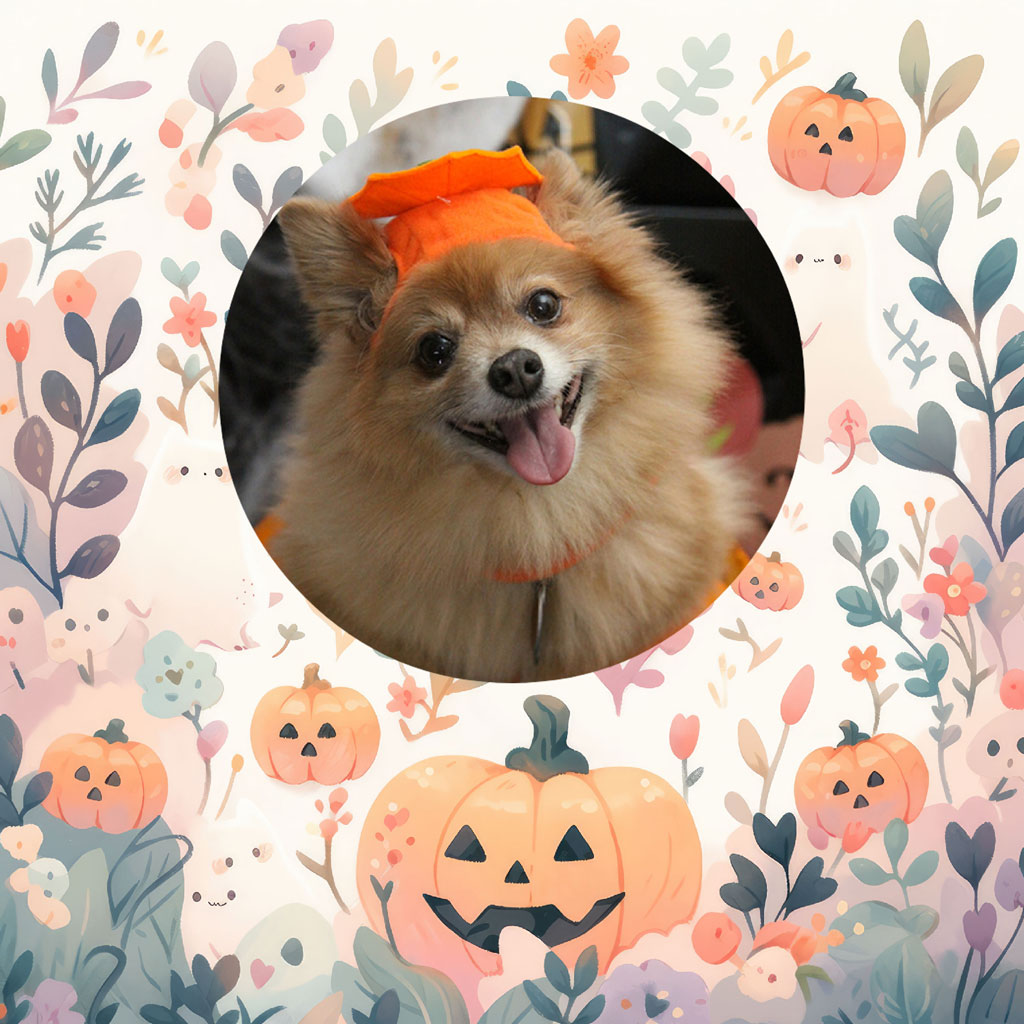 Pomeranian wearing an orange Halloween hat