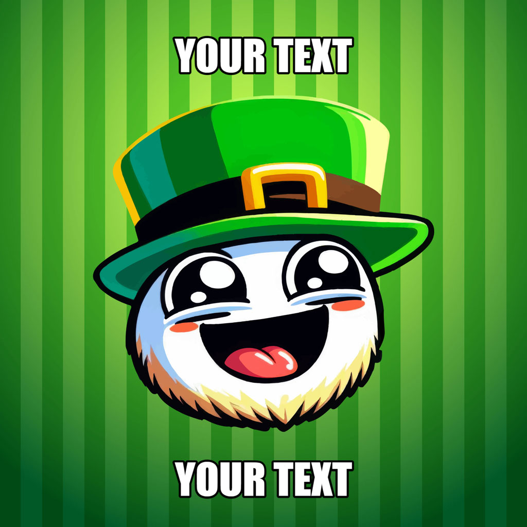 Cartoon leprechaun face wearing a green hat with a gold buckle.