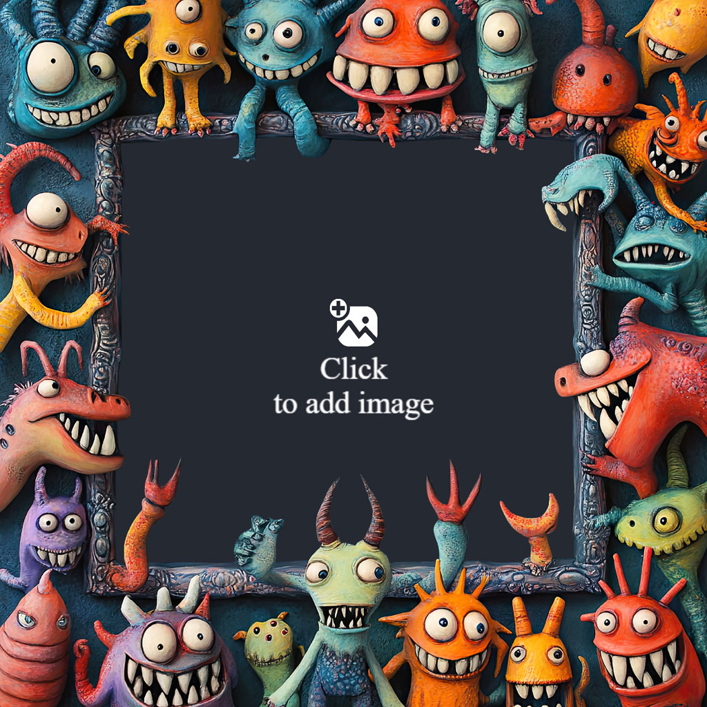 A frame surrounded by colorful cartoon monsters with various shapes and expressions.