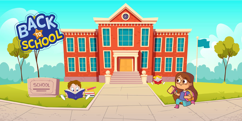Cartoon children walking towards a red school building with a 'Back to School' sign