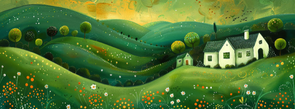 A serene and picturesque countryside landscape with a white house and lush greenery