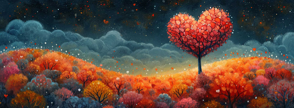 A heart-shaped tree with red leaves stands in a field of colorful trees under a starry night sky.