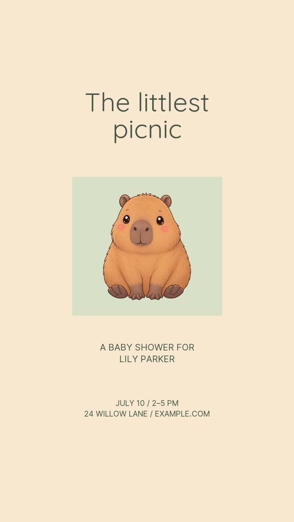 Pastel Instagram story template with a capybara illustration and baby shower text.